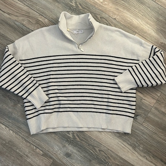 MNG mango cream black striped oversized sweater quarter zip size medium - Picture 1 of 5